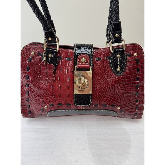 Y2K Red Black Faux Croc Embossed Shoulder Bag Gold Turnlock Snake Print Purse - Picture 2 of 11